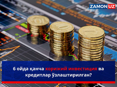 6 oyda qancha xorijiy investitsiya va kreditlar o‘zlashtirilgan?