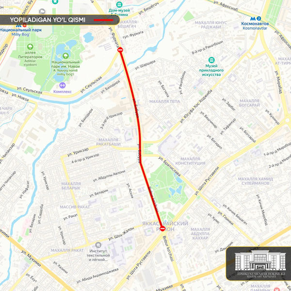 Тошкентдаги Бобур кўчаси бир ойга ёпилади